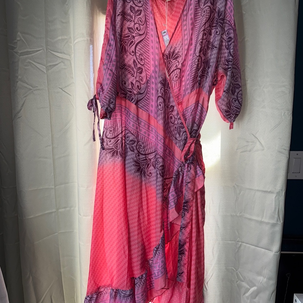 Bohemian Recycled Sari Pink and Purple Wrap Dress adjustable fits sizes 14-32